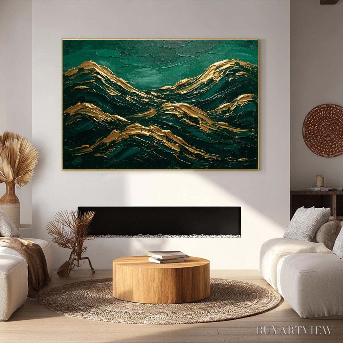 ARTOVITAS Emerald Crests – Heavy Texture Abstract Green and Gold Landscape Painting - image 2