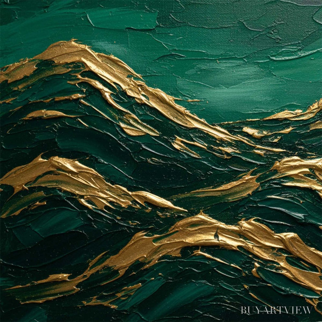 ARTOVITAS Emerald Crests – Heavy Texture Abstract Green and Gold Landscape Painting - image 3