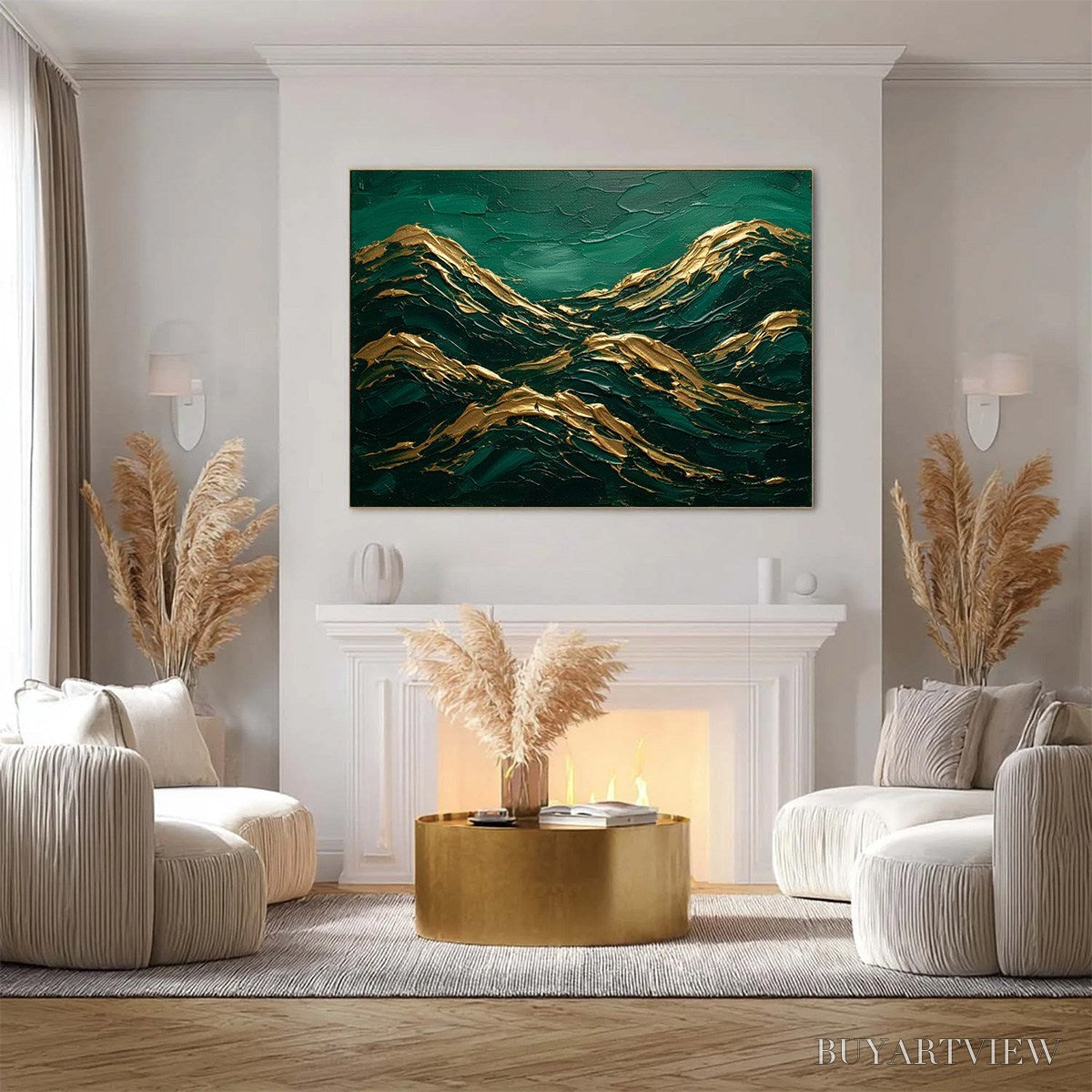 ARTOVITAS Emerald Crests – Heavy Texture Abstract Green and Gold Landscape Painting - image 4