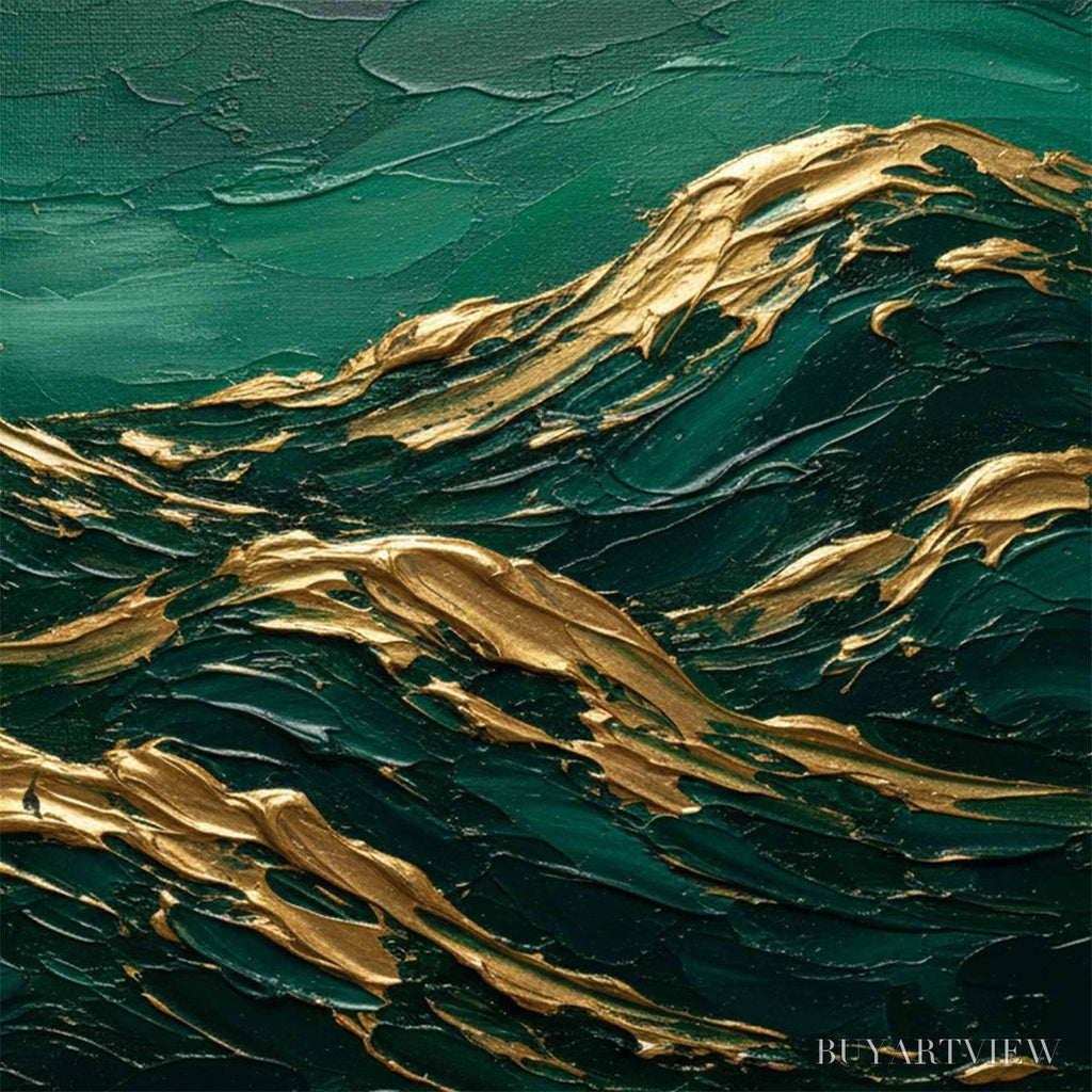 ARTOVITAS Emerald Crests – Heavy Texture Abstract Green and Gold Landscape Painting - image 5