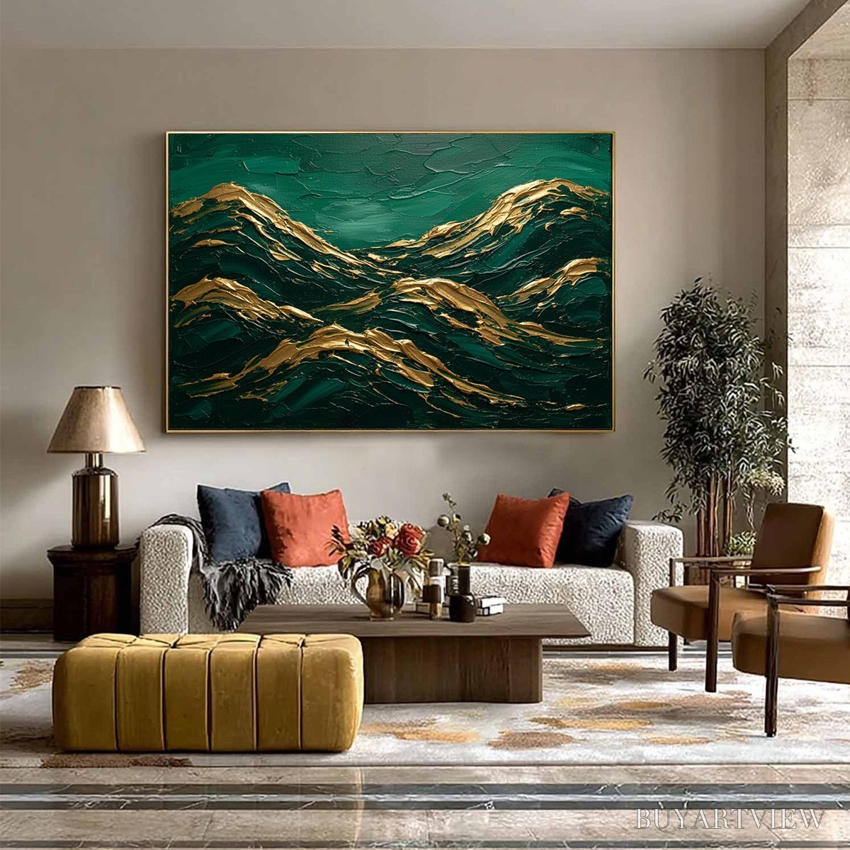ARTOVITAS Emerald Crests – Heavy Texture Abstract Green and Gold Landscape Painting - image 6