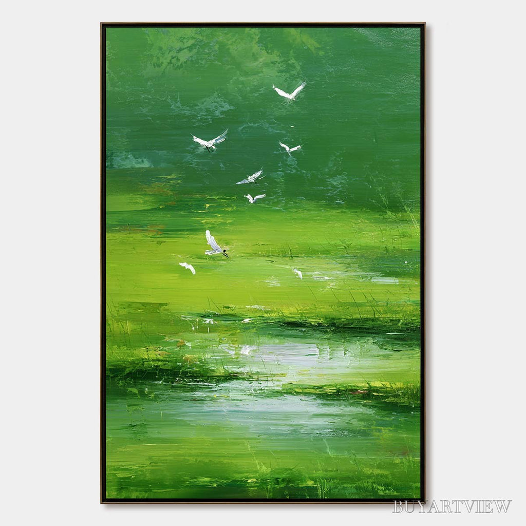 ARTOVITAS Verdant Flight – Textured Green Landscape Painting of a Serene Marsh - image 1