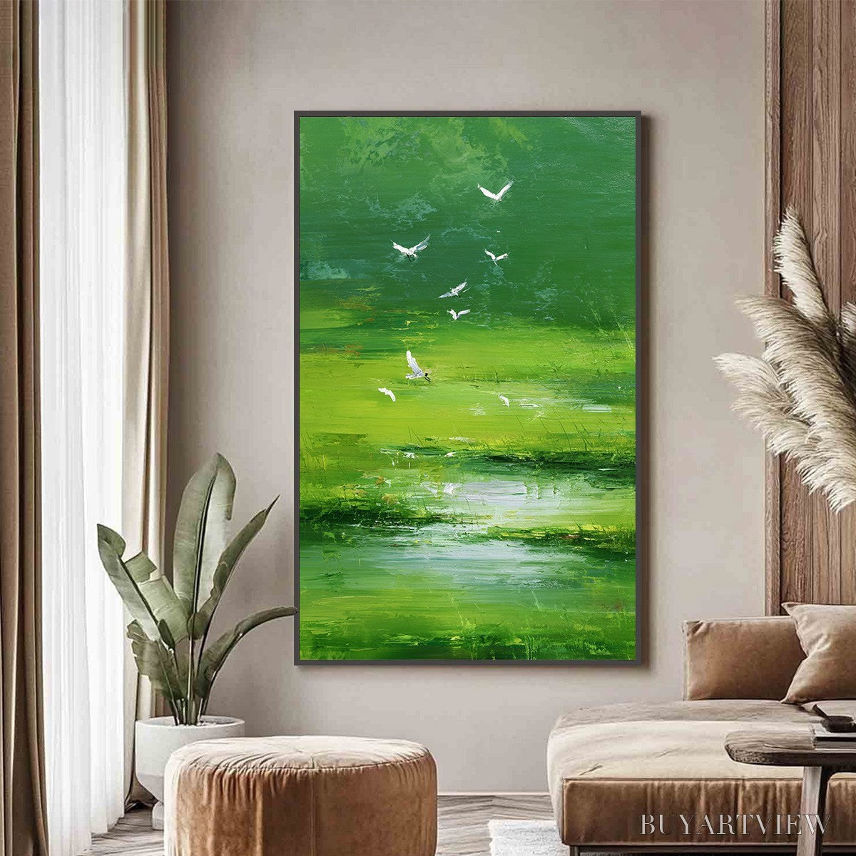 ARTOVITAS Verdant Flight – Textured Green Landscape Painting of a Serene Marsh - image 2