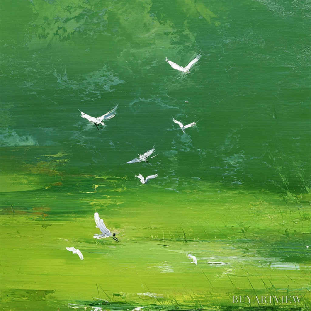 ARTOVITAS Verdant Flight – Textured Green Landscape Painting of a Serene Marsh - image 3