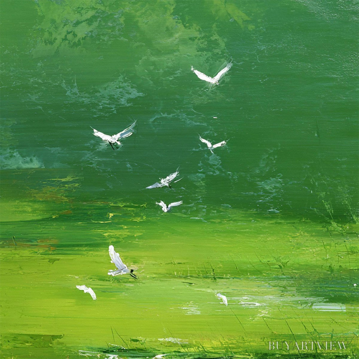 ARTOVITAS Verdant Flight – Textured Green Landscape Painting of a Serene Marsh - image 3