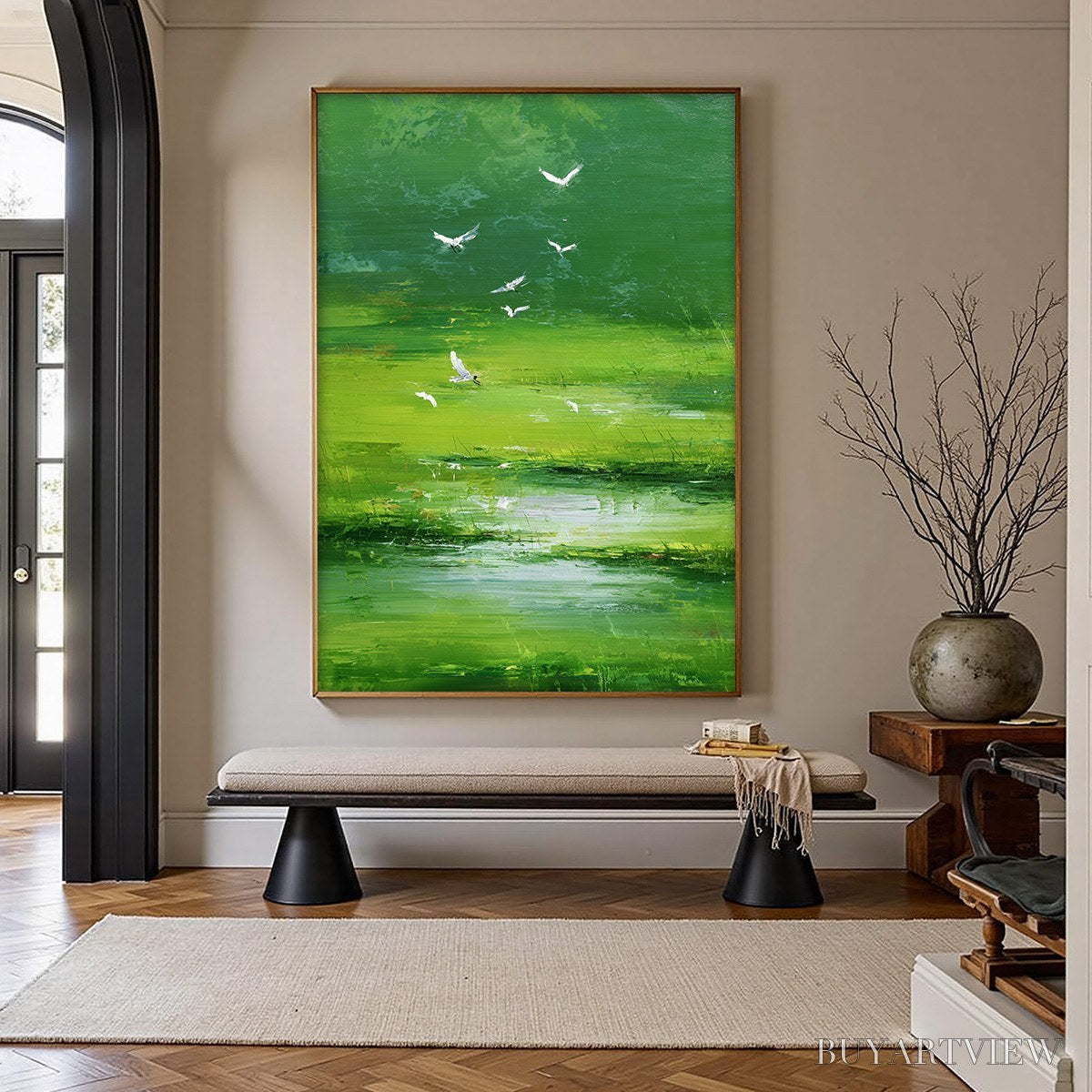 ARTOVITAS Verdant Flight – Textured Green Landscape Painting of a Serene Marsh - image 4