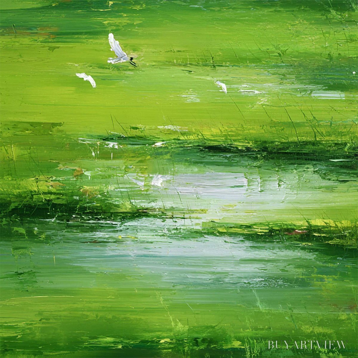ARTOVITAS Verdant Flight – Textured Green Landscape Painting of a Serene Marsh - image 5