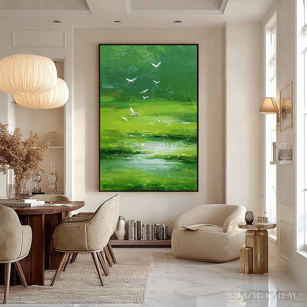 ARTOVITAS Verdant Flight – Textured Green Landscape Painting of a Serene Marsh - image 6