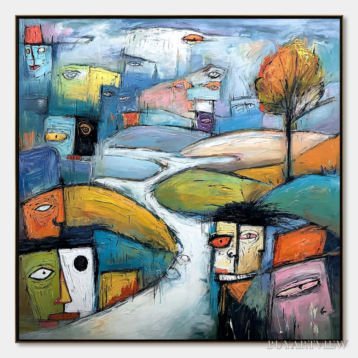 ARTOVITAS Village of Eyes – Colorful Abstract Figurative Cityscape Painting - image 1