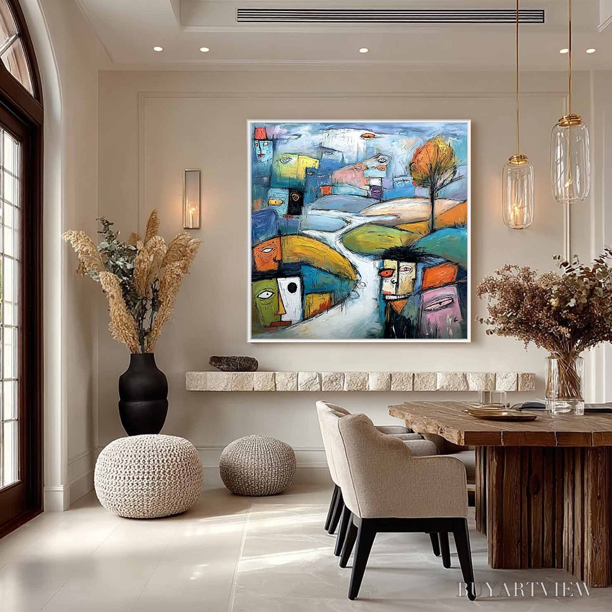 ARTOVITAS Village of Eyes – Colorful Abstract Figurative Cityscape Painting - image 2