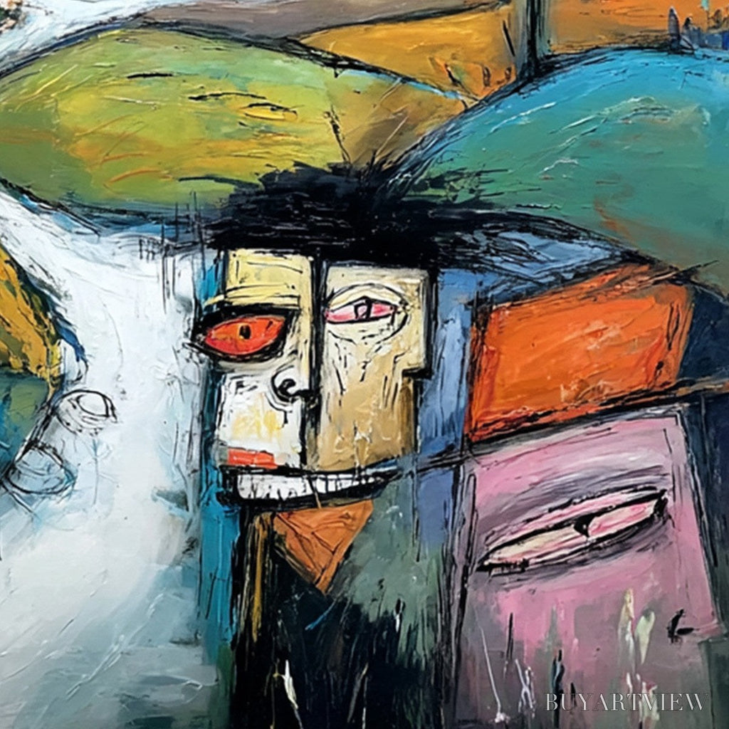 ARTOVITAS Village of Eyes – Colorful Abstract Figurative Cityscape Painting - image 3