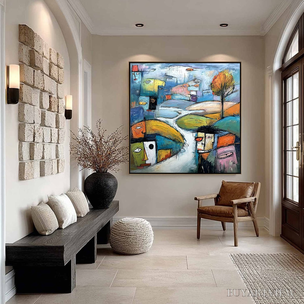 ARTOVITAS Village of Eyes – Colorful Abstract Figurative Cityscape Painting - image 4