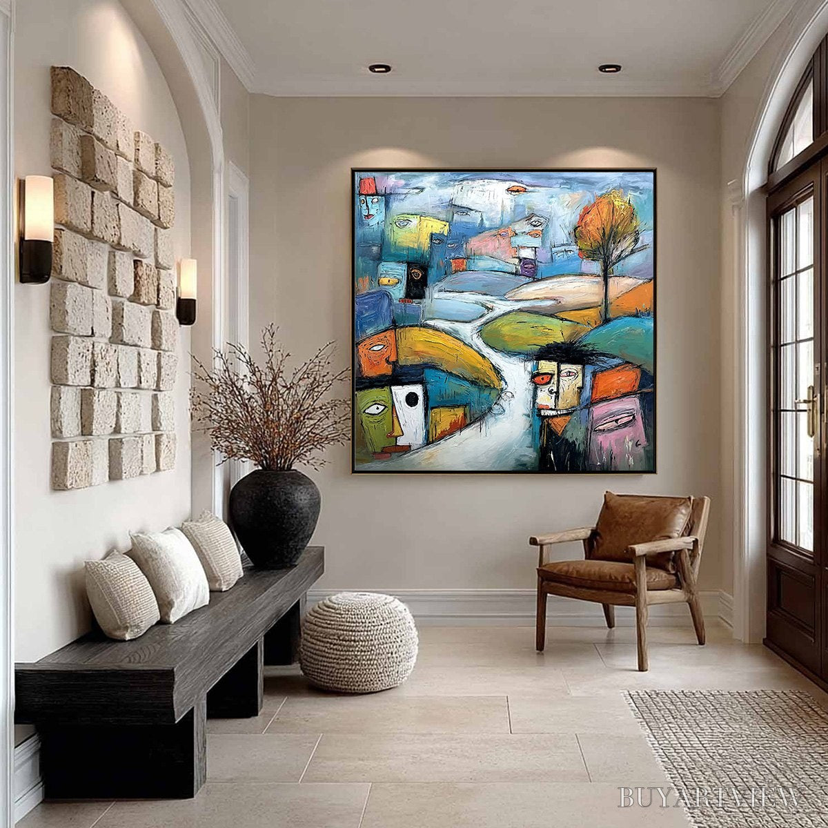 ARTOVITAS Village of Eyes – Colorful Abstract Figurative Cityscape Painting - image 4