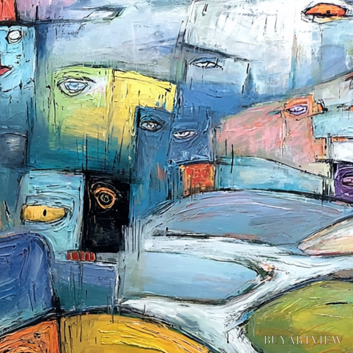 ARTOVITAS Village of Eyes – Colorful Abstract Figurative Cityscape Painting - image 5