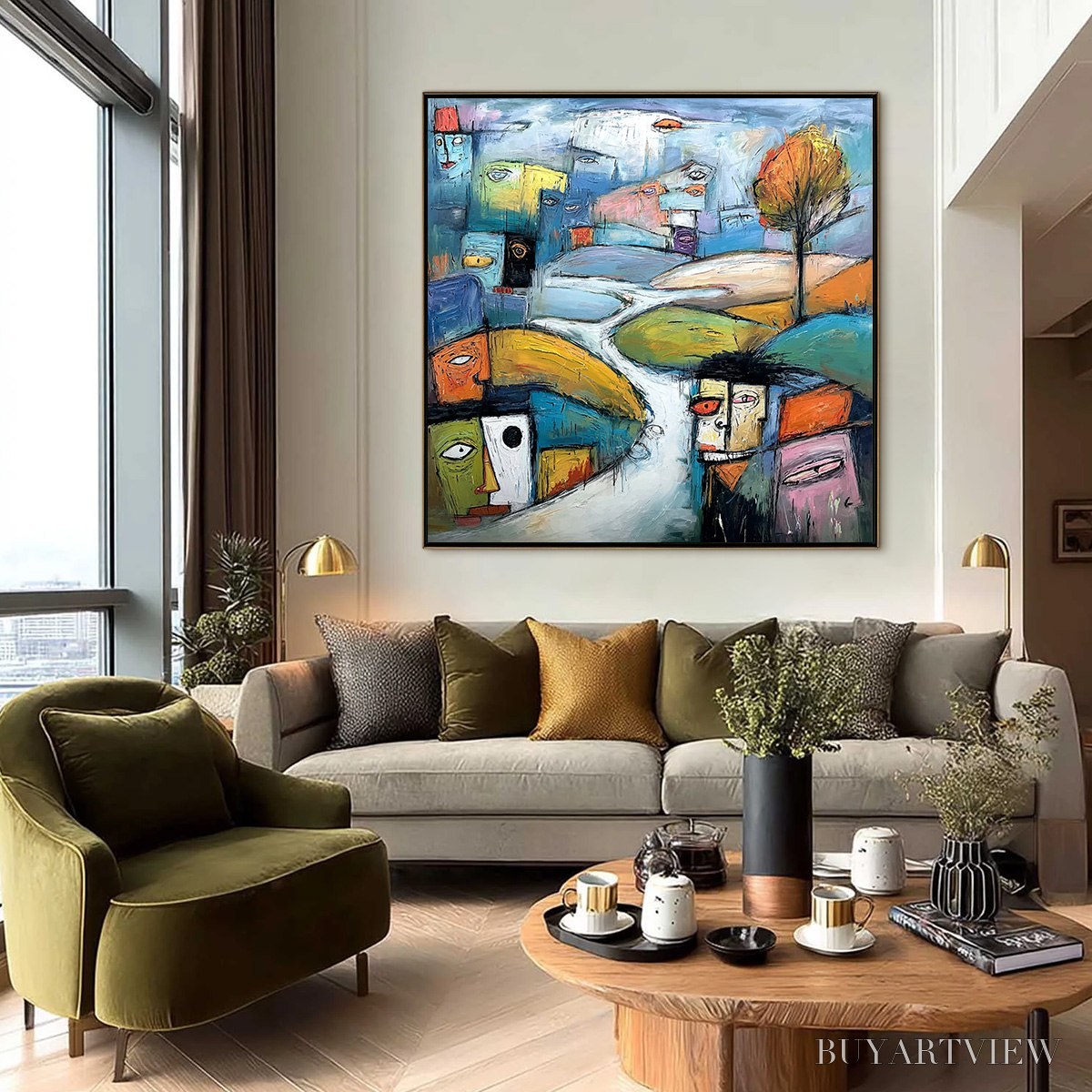 ARTOVITAS Village of Eyes – Colorful Abstract Figurative Cityscape Painting - image 6