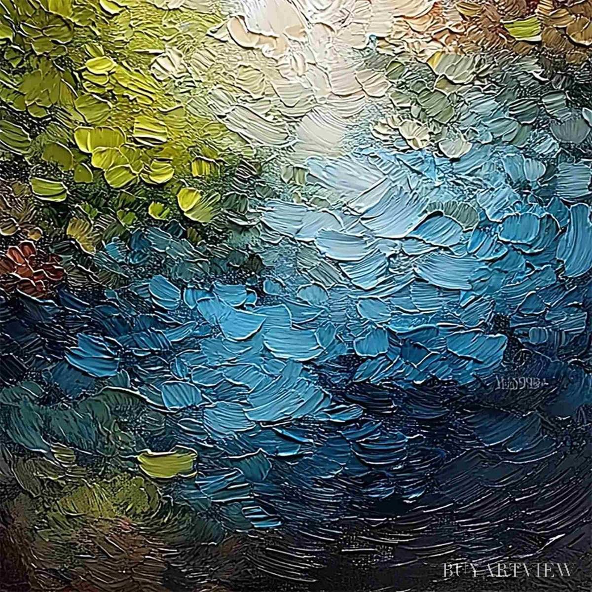 ARTOVITAS Lakeside Reverie – Textured Abstract Landscape Impasto Oil Painting - image 3