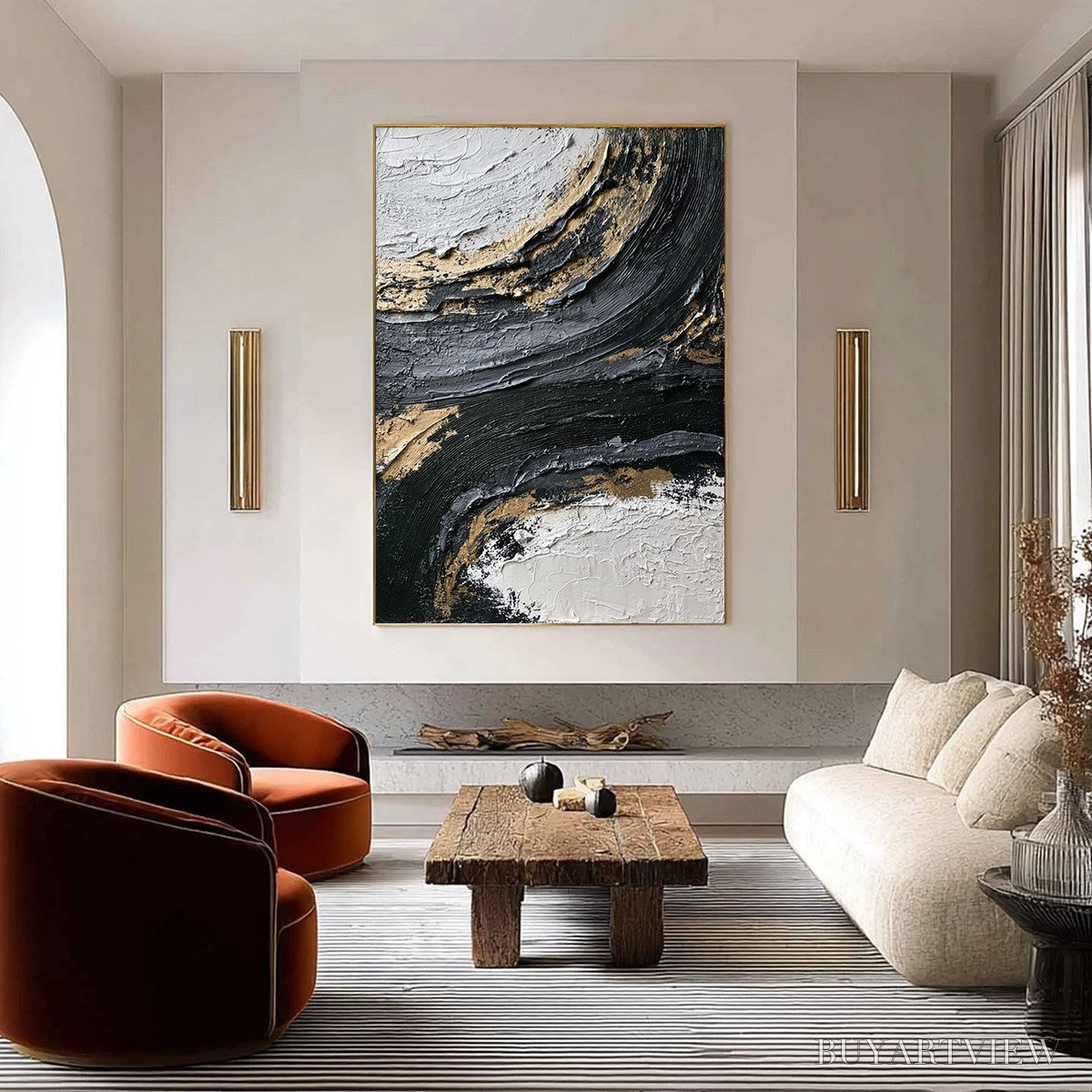 ARTOVITAS Kintsugi Rift – Textured Wabi Sabi Abstract Painting in Black and Gold - image 2