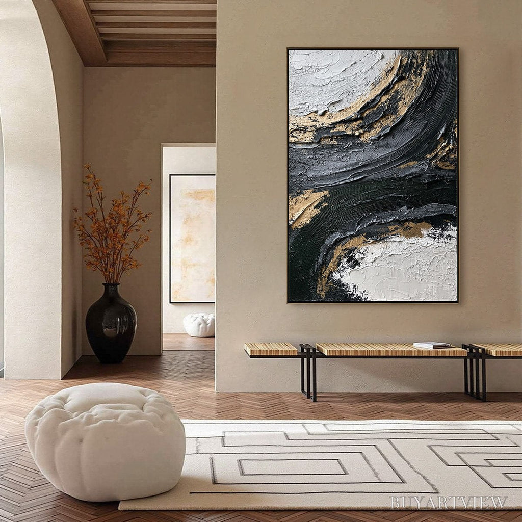 ARTOVITAS Kintsugi Rift – Textured Wabi Sabi Abstract Painting in Black and Gold - image 4