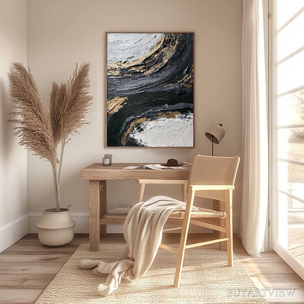 ARTOVITAS Kintsugi Rift – Textured Wabi Sabi Abstract Painting in Black and Gold - image 6