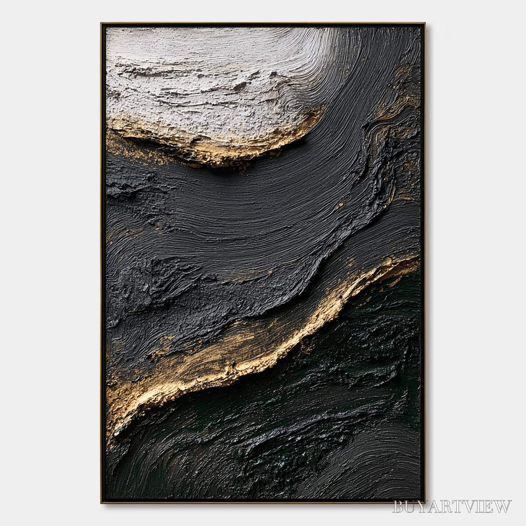ARTOVITAS Kintsugi River – Wabi Sabi Textured Abstract Art in Black, White, and Gold - image 1