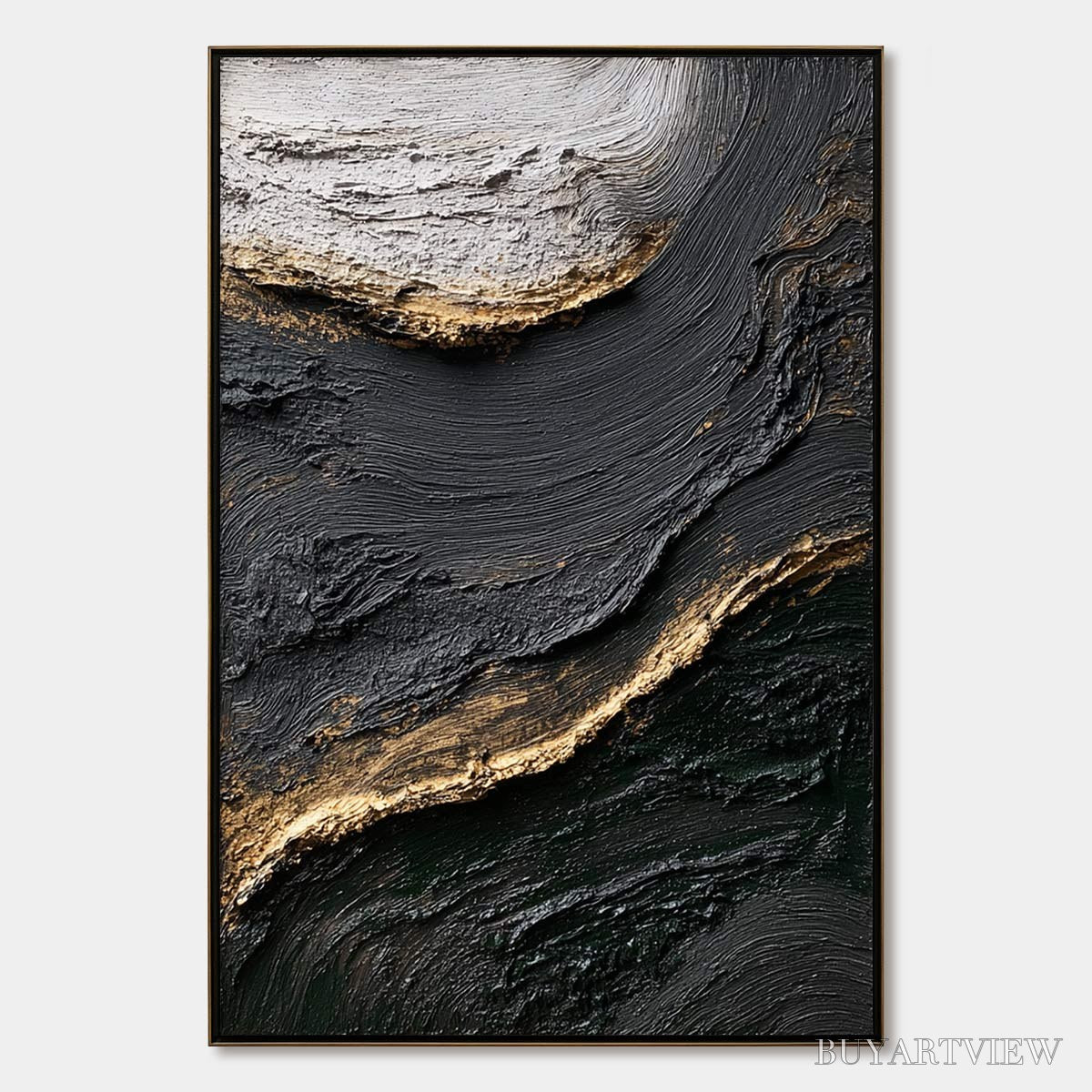 ARTOVITAS Kintsugi River – Wabi Sabi Textured Abstract Art in Black, White, and Gold - image 1