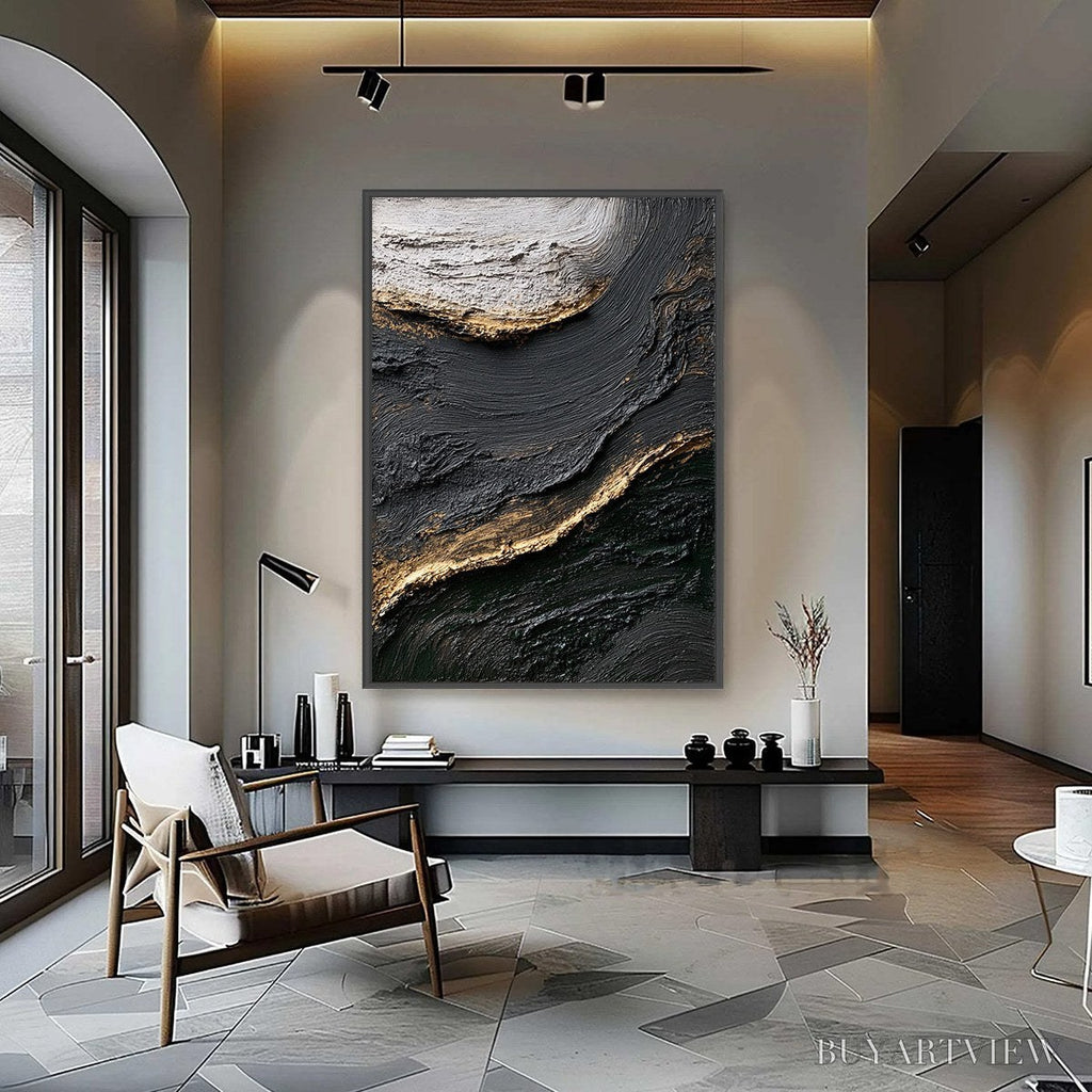 ARTOVITAS Kintsugi River – Wabi Sabi Textured Abstract Art in Black, White, and Gold - image 2