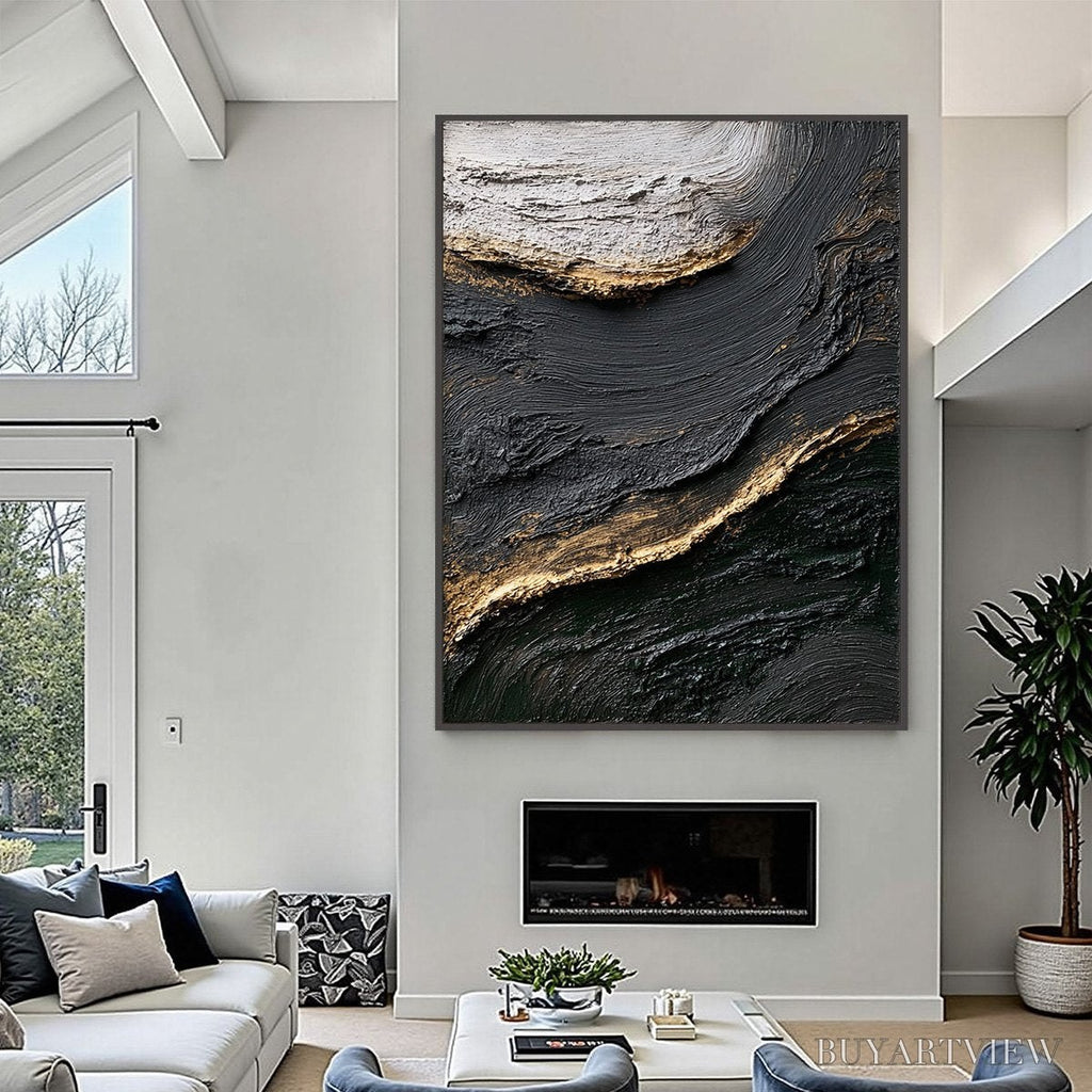 ARTOVITAS Kintsugi River – Wabi Sabi Textured Abstract Art in Black, White, and Gold - image 4