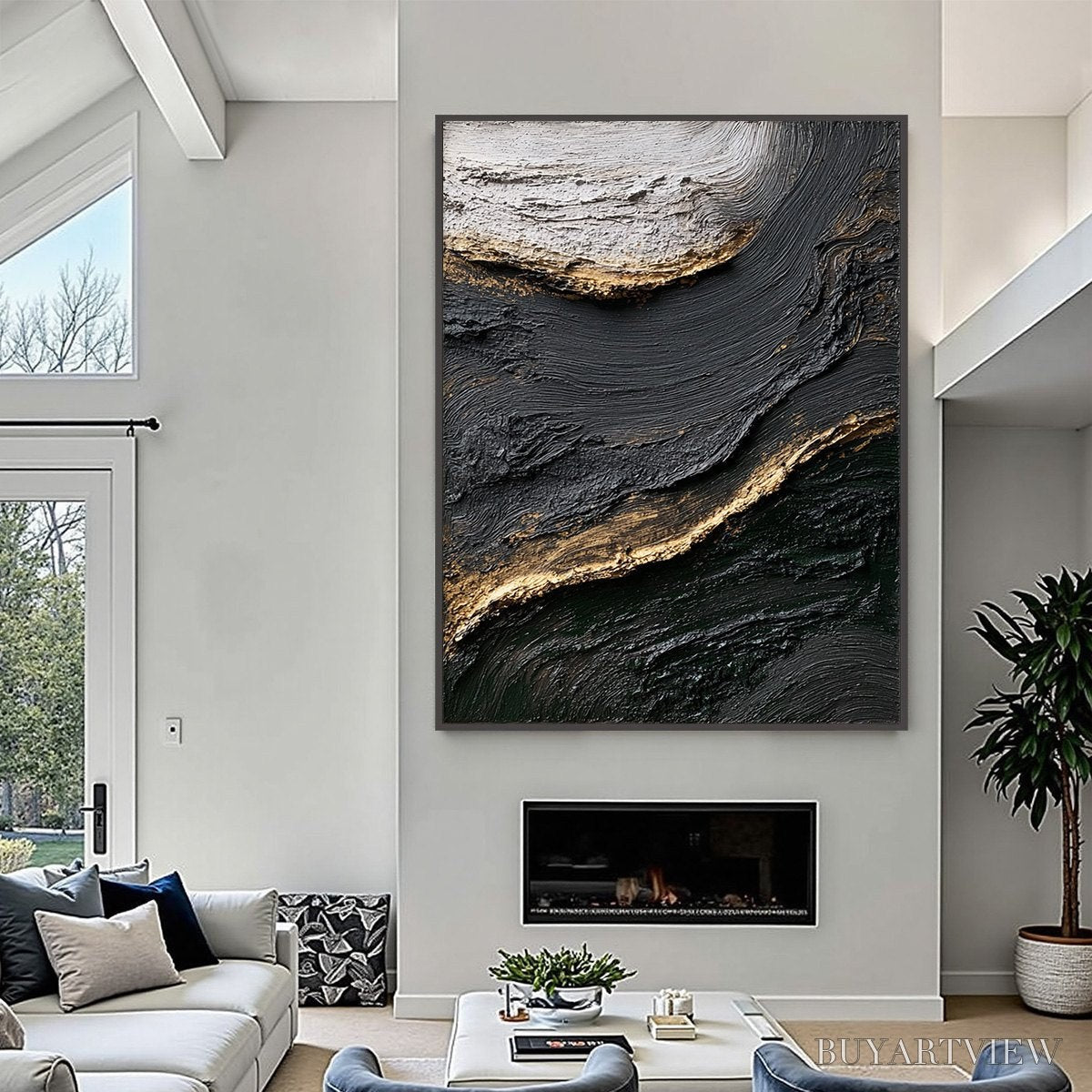 ARTOVITAS Kintsugi River – Wabi Sabi Textured Abstract Art in Black, White, and Gold - image 4