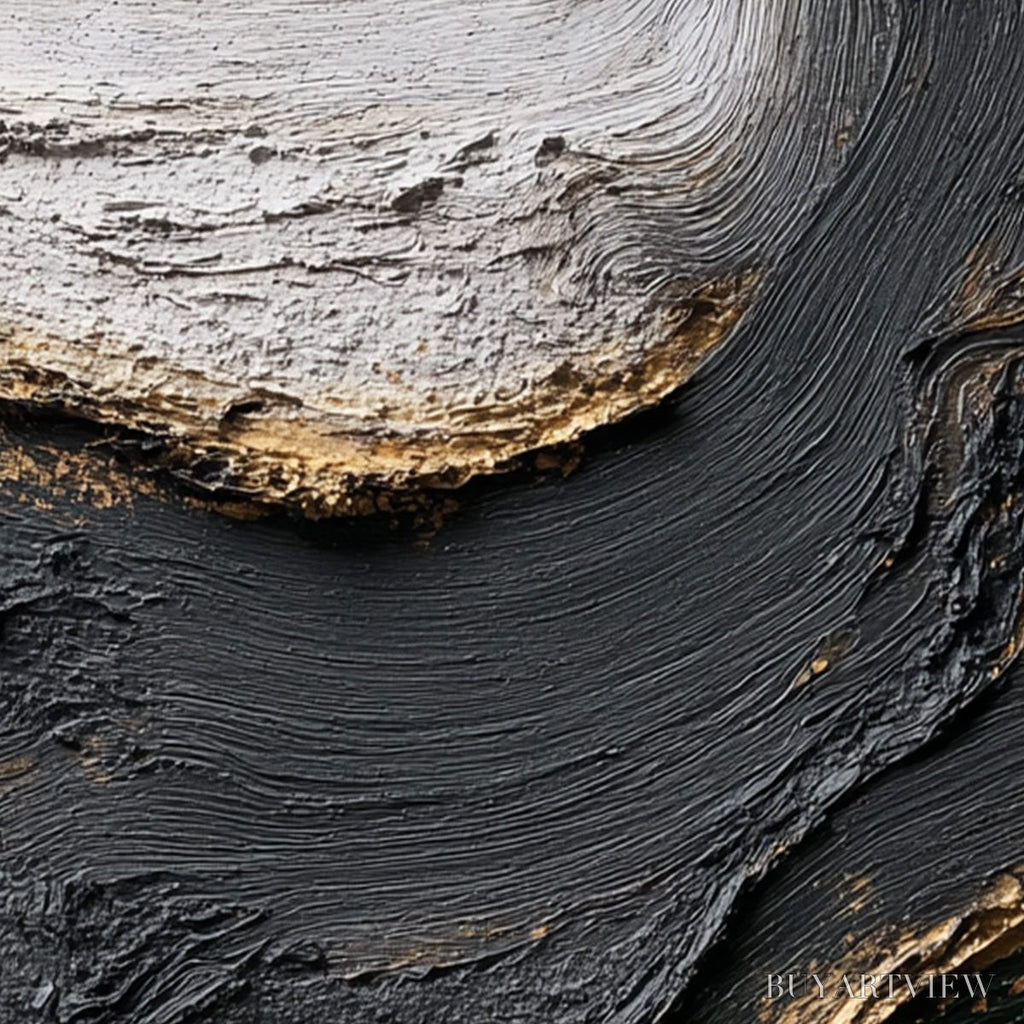 ARTOVITAS Kintsugi River – Wabi Sabi Textured Abstract Art in Black, White, and Gold - image 5