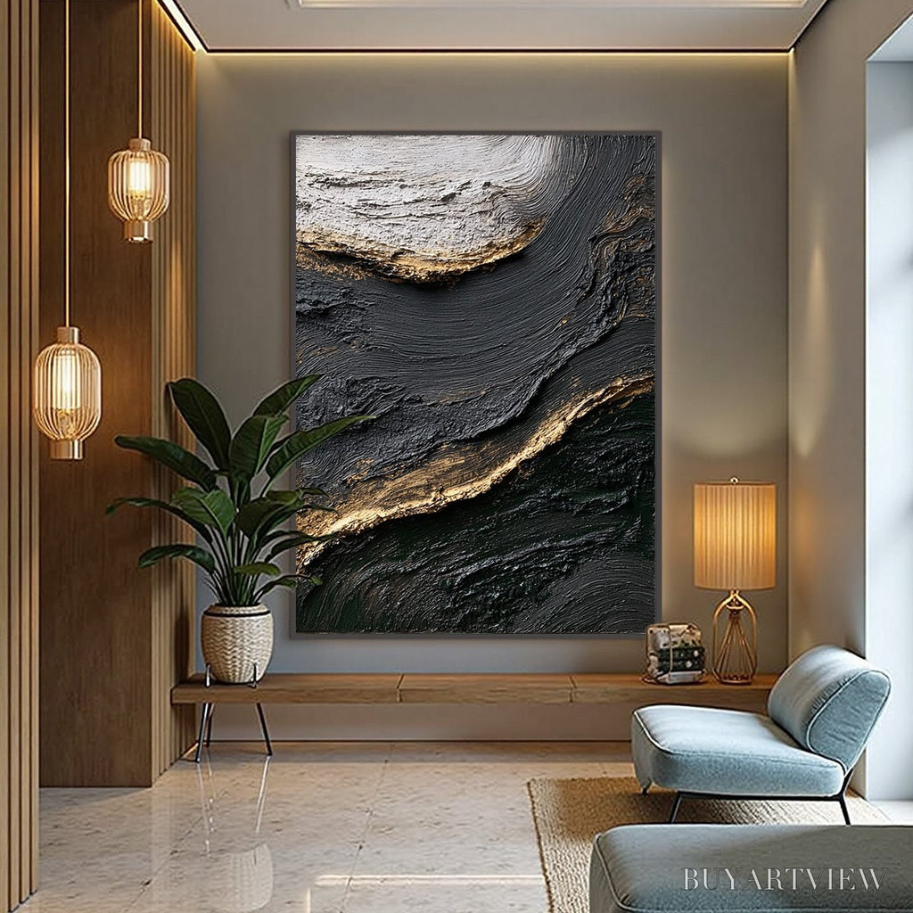 ARTOVITAS Kintsugi River – Wabi Sabi Textured Abstract Art in Black, White, and Gold - image 6