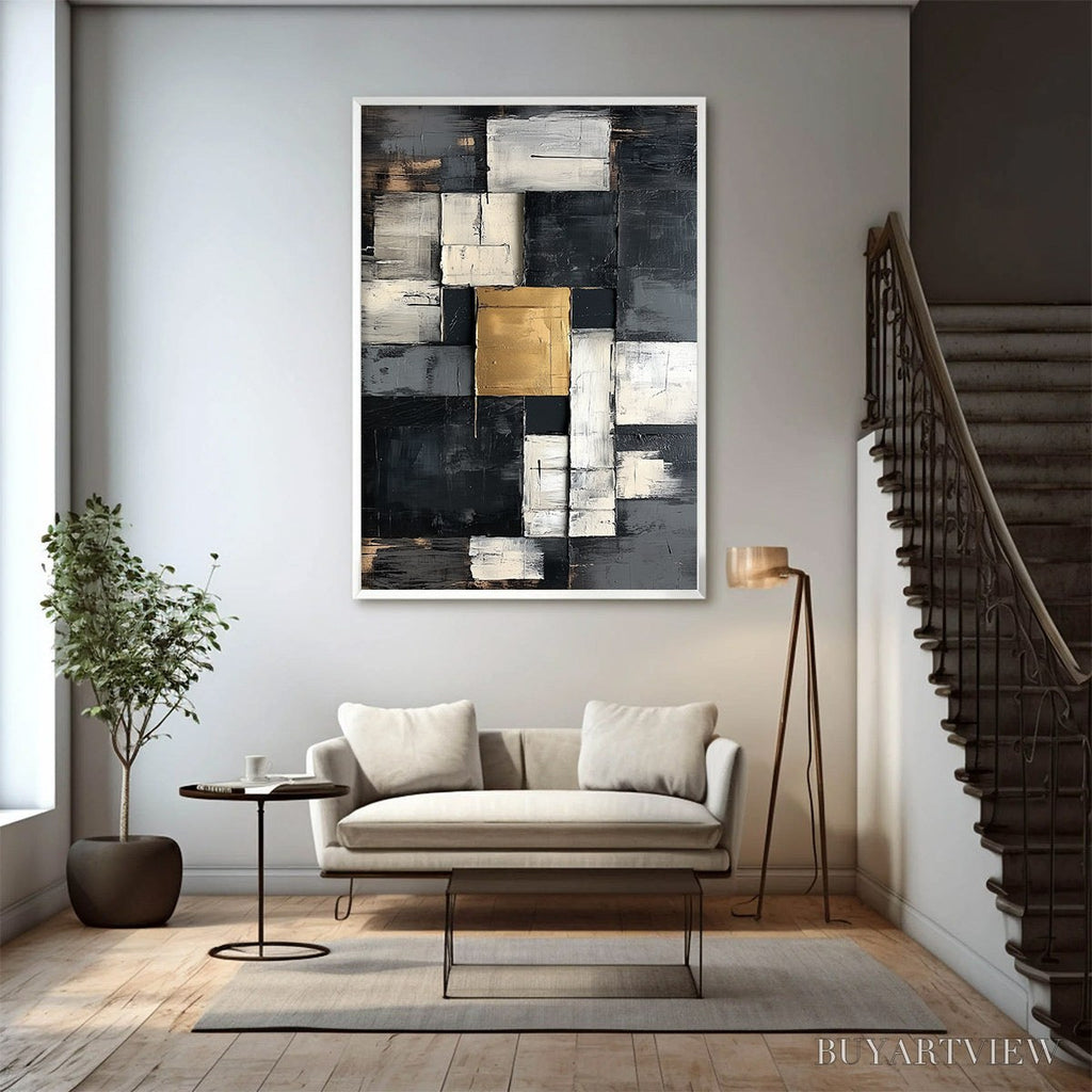 ARTOVITAS Golden Intersection – Textured Abstract Geometric Oil Painting - image 3