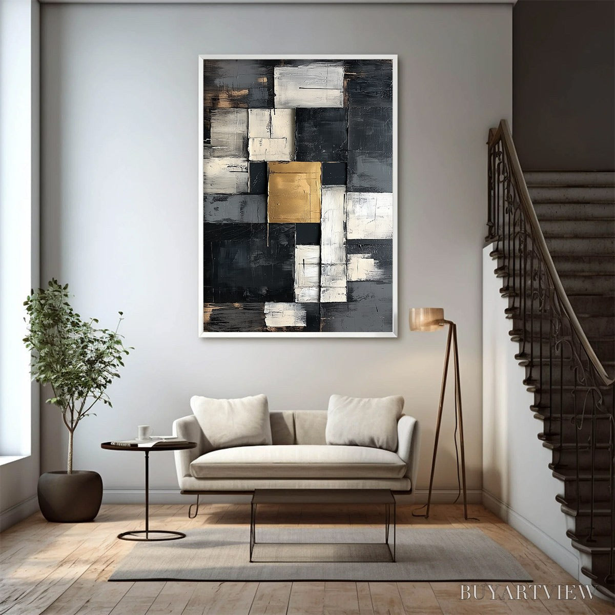 ARTOVITAS Golden Intersection – Textured Abstract Geometric Oil Painting - image 3