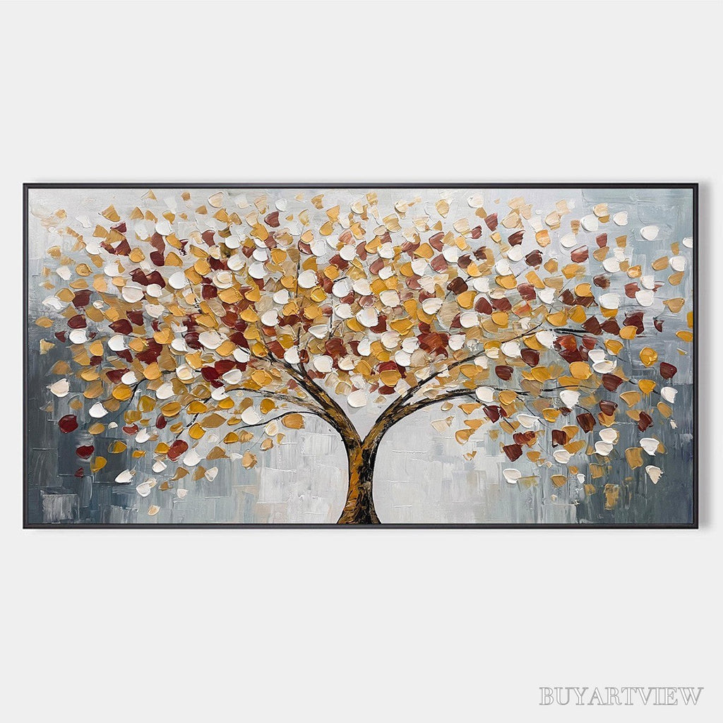 ARTOVITAS Whispers of Autumn – Textured Tree of Life Oil Painting in Gold and Burgundy - image 1