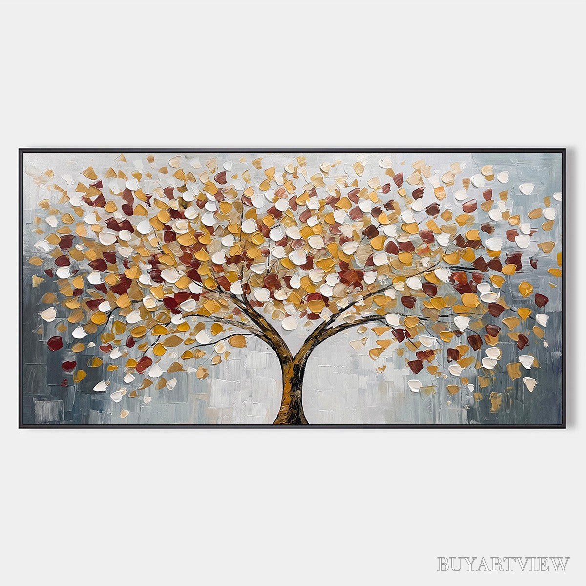 ARTOVITAS Whispers of Autumn – Textured Tree of Life Oil Painting in Gold and Burgundy - image 1