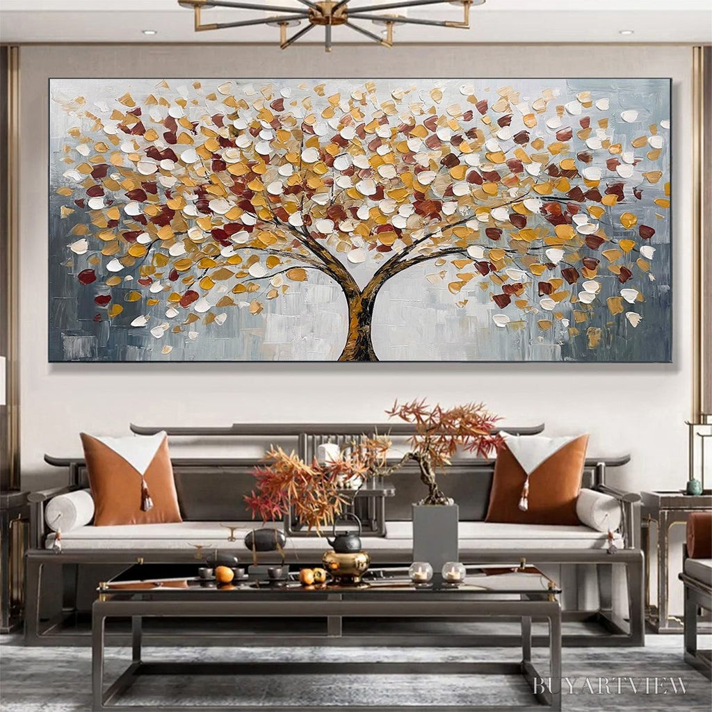 ARTOVITAS Whispers of Autumn – Textured Tree of Life Oil Painting in Gold and Burgundy - image 2