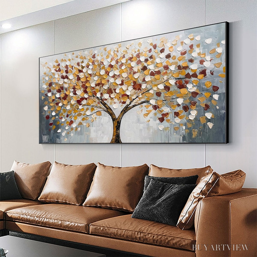 ARTOVITAS Whispers of Autumn – Textured Tree of Life Oil Painting in Gold and Burgundy - image 4