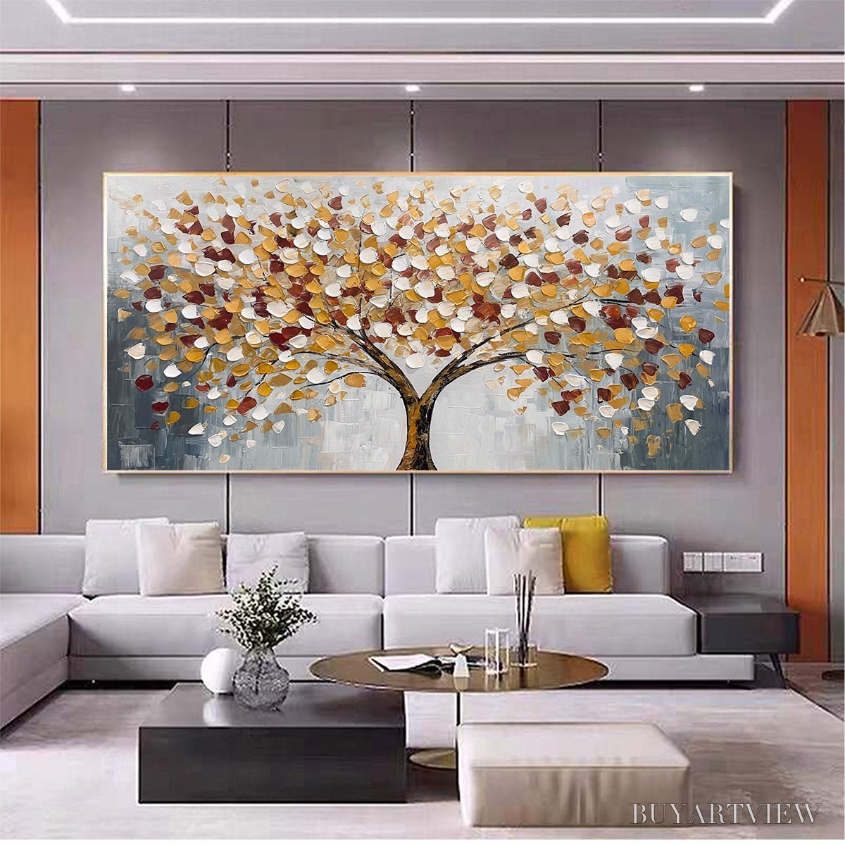 ARTOVITAS Whispers of Autumn – Textured Tree of Life Oil Painting in Gold and Burgundy - image 6