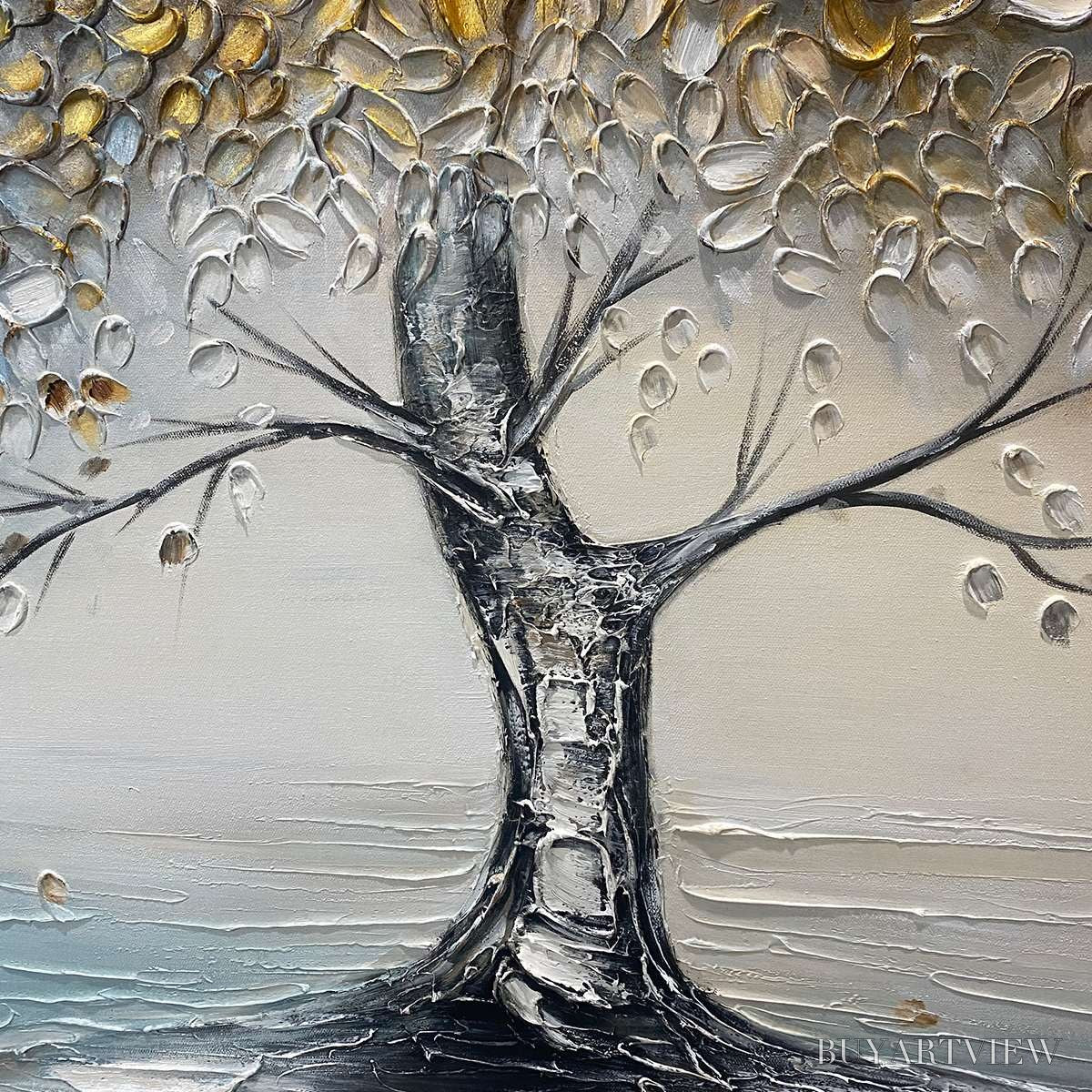 ARTOVITAS Golden Whispers – Textured Tree Landscape Oil Painting - image 3