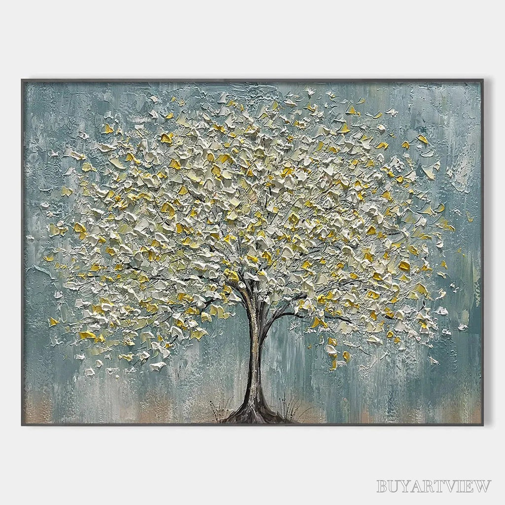 ARTOVITAS Golden Bloom – Textured Impasto Tree Painting in White and Gold - image 1