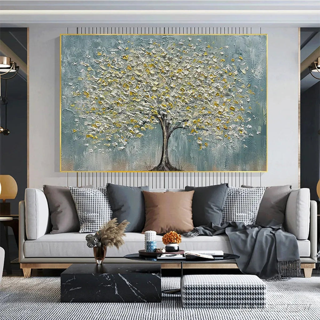 ARTOVITAS Golden Bloom – Textured Impasto Tree Painting in White and Gold - image 2