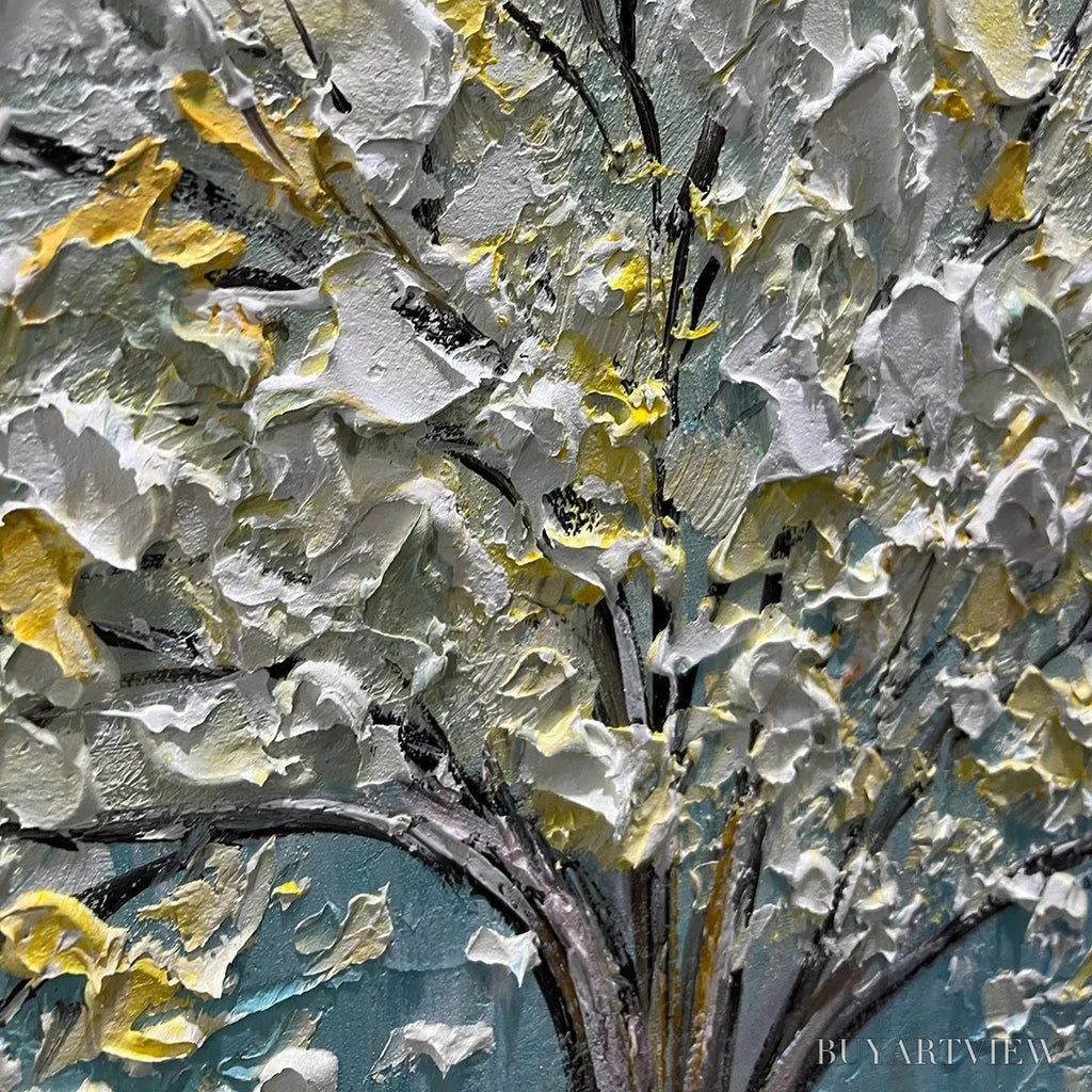 ARTOVITAS Golden Bloom – Textured Impasto Tree Painting in White and Gold - image 3