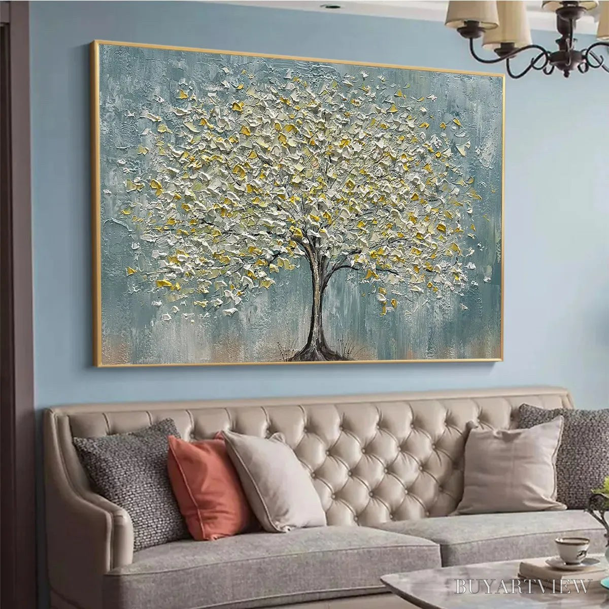 ARTOVITAS Golden Bloom – Textured Impasto Tree Painting in White and Gold - image 4