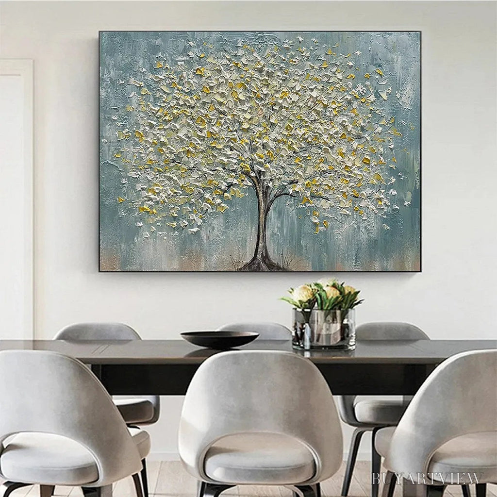 ARTOVITAS Golden Bloom – Textured Impasto Tree Painting in White and Gold - image 6