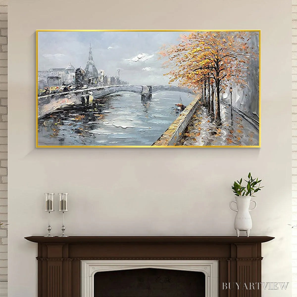ARTOVITAS Autumnal River Walk – Panoramic Cityscape Oil Painting with River and Trees - image 2