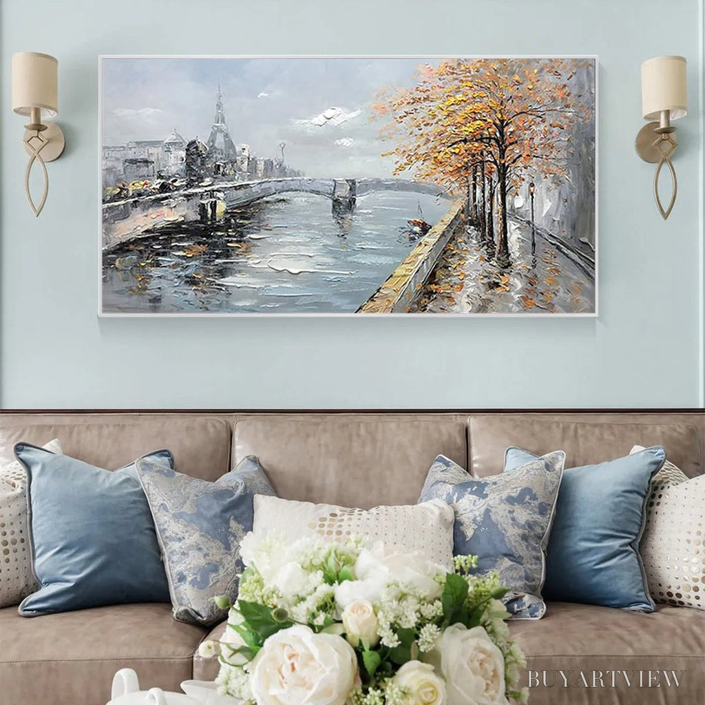 ARTOVITAS Autumnal River Walk – Panoramic Cityscape Oil Painting with River and Trees - image 4