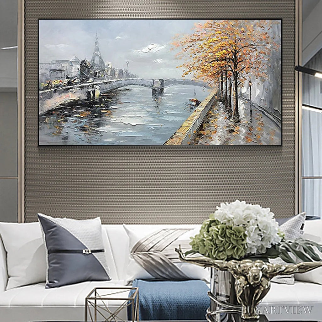 ARTOVITAS Autumnal River Walk – Panoramic Cityscape Oil Painting with River and Trees - image 5