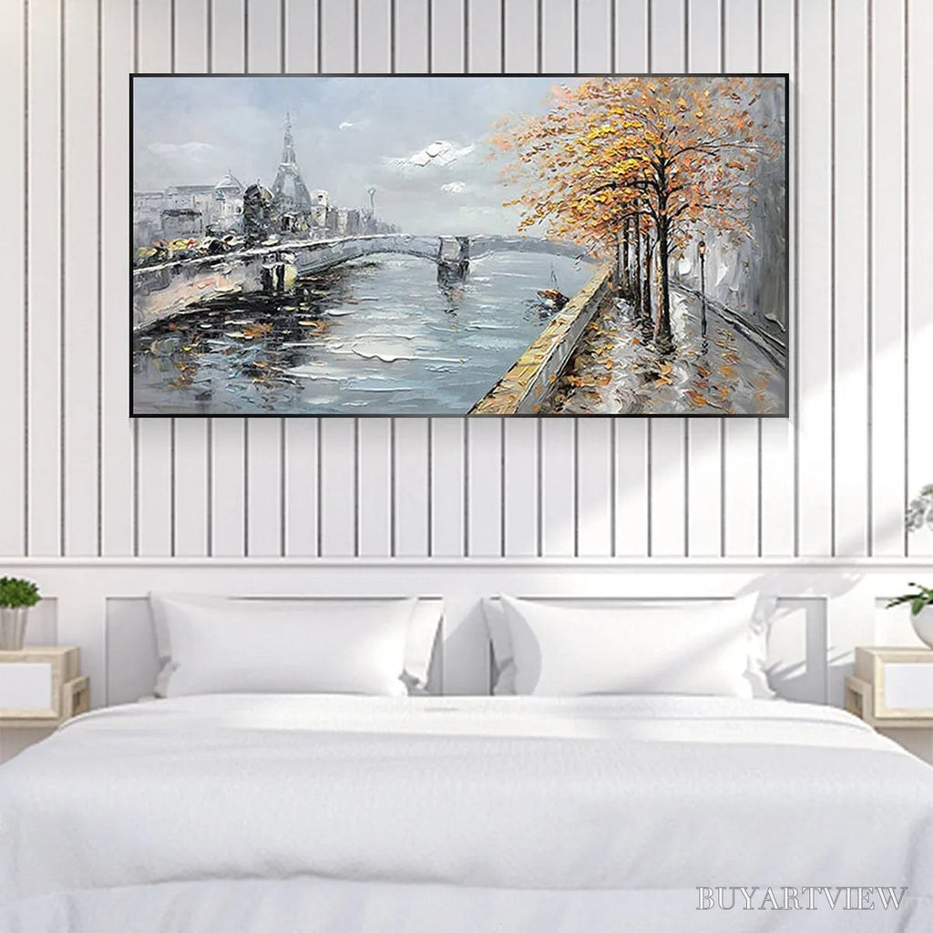 ARTOVITAS Autumnal River Walk – Panoramic Cityscape Oil Painting with River and Trees - image 6