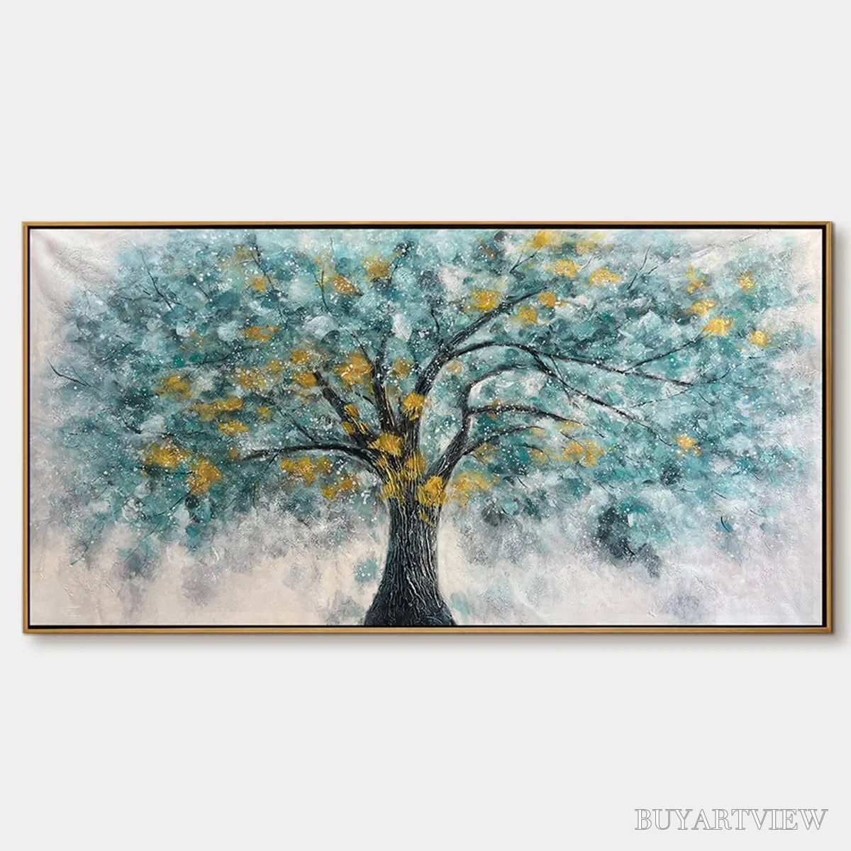 ARTOVITAS Golden Autumn – Panoramic Tree Painting, Textured , Blue, Gold, Living Room, Bedroom, Office - image 1