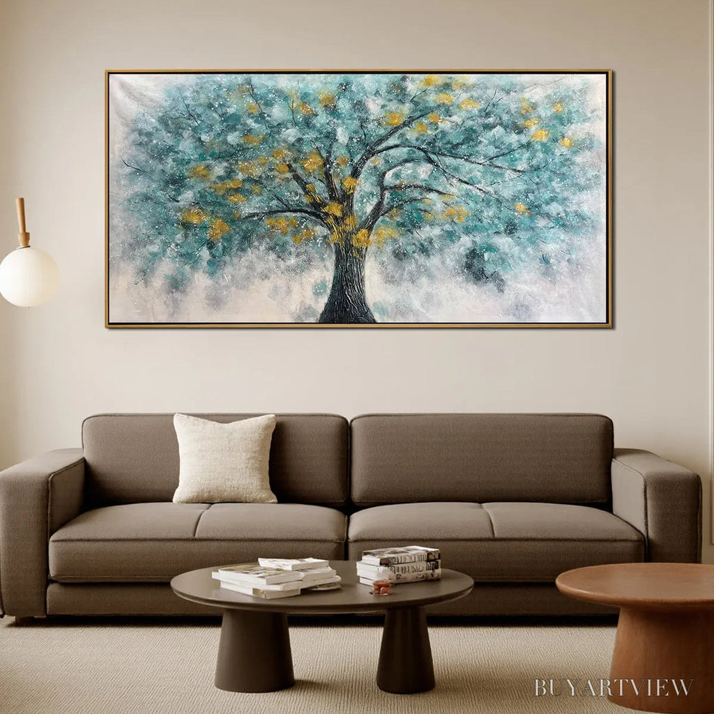 ARTOVITAS Golden Autumn – Panoramic Tree Painting, Textured , Blue, Gold, Living Room, Bedroom, Office - image 2