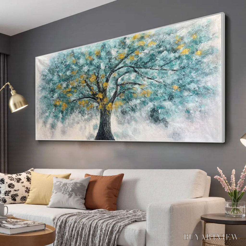 ARTOVITAS Golden Autumn – Panoramic Tree Painting, Textured , Blue, Gold, Living Room, Bedroom, Office - image 4